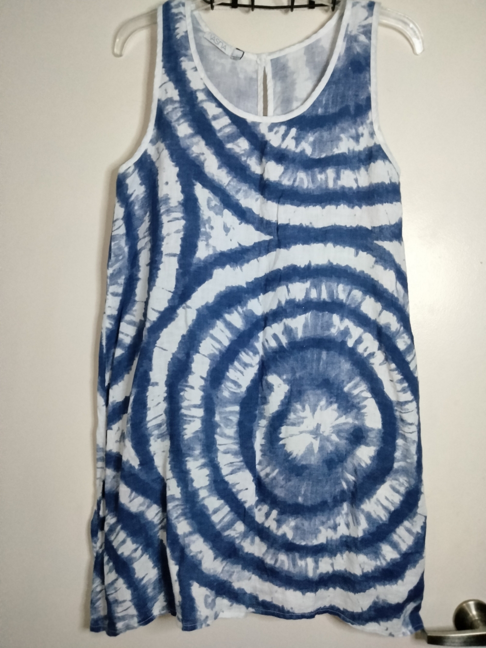 Vasna -L- Blue & White Tie-Dye 100% Linen Sleeveless Casual Shift Mini Dress